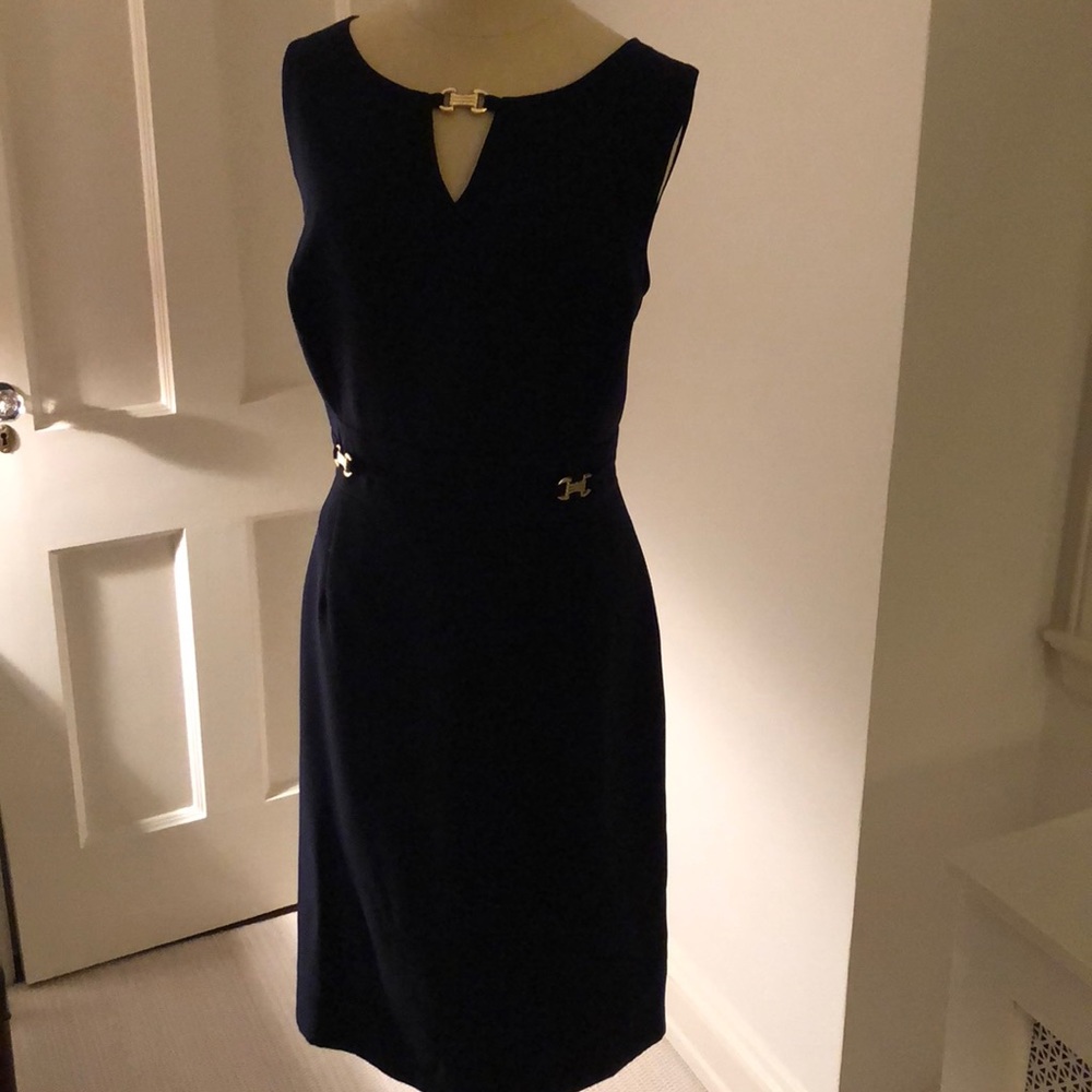 Navy dress with fun gold accents